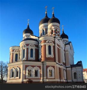 Greek Orthodox cathedral of Alexander Nevsky in Tallinn Estonia as the sun is low in the sky