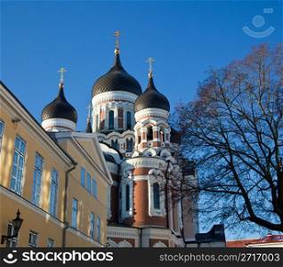 Greek Orthodox cathedral of Alexander Nevsky in Tallinn Estonia over the tops of old houses and bare tree