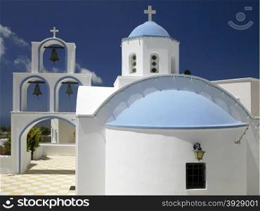 Greek Orthodox church on the island of Santorini in the Cyclades in the Aegean Sea off the coast of mainland Greece.