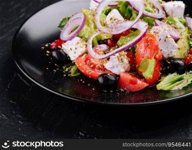 Greek salad in black bowl on stone