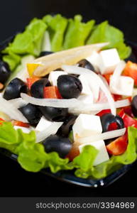 greek salad on lettuce leaves, macro shot