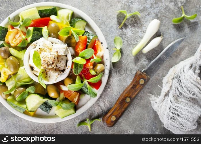 greek salad on plate, vegetables with feta cheese