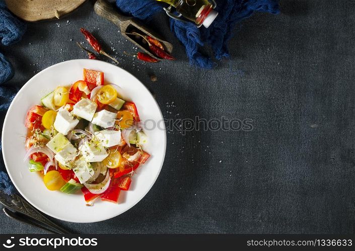 greek salad on white plate, salad with feta