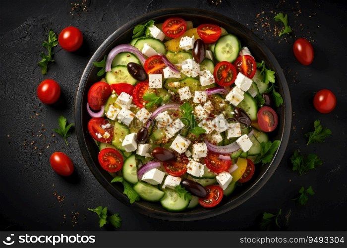 Greek salad with feta cheese and olive oil on plate. Greek hea<hy food