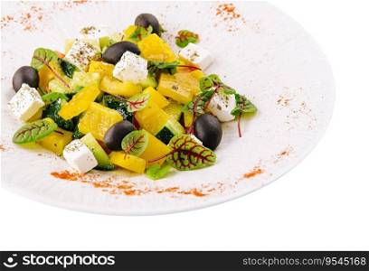 Greek salad with feta cheese, olives and vegetables