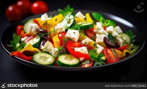 Greek salad with feta cheese, tomatoes, cucumbers, peppers and Kalamata olives. Healthy eating. Vegetarian food.. Greek salad with feta cheese, tomatoes, cucumbers, peppers and Kalamata olives. Healthy eating. Vegetarian food