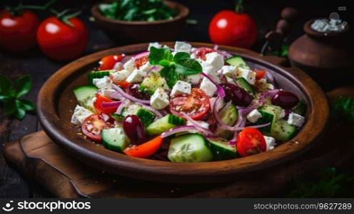 Greek salad with feta cheese, tomatoes, cucumbers, peppers and Kalamata olives. Healthy eating. Vegetarian food.. Greek salad with feta cheese, tomatoes, cucumbers, peppers and Kalamata olives. Healthy eating. Vegetarian food