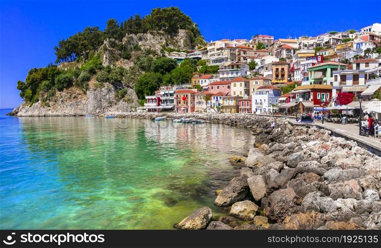 Greek summer holidays. Beautiful colorful costal town Parga in Greece , Epirus . may 2019