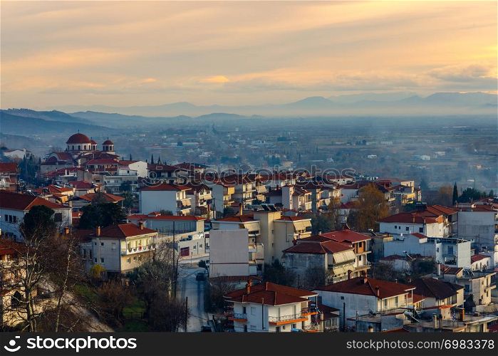 Greek town evening panorama with red roof houses, Kalabaka, Thessaly, Greece