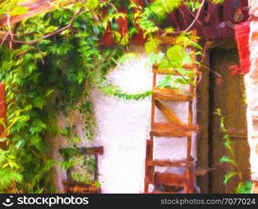 Greek traditional house at Olympos in Greece. Greek traditional house at Olympos in Greece - painting effect