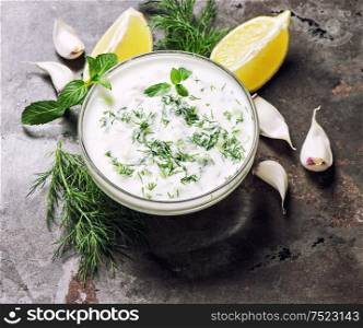 Greek tzatziki sauce. Dill, mint, garlic, lemon. Healthy nutrition