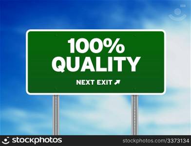 Green 100% Quality highway sign on Cloud Background.