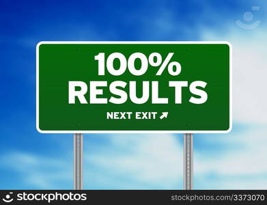 Green 100% Results highway sign on Cloud Background.