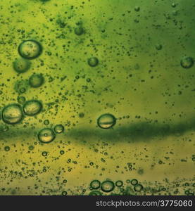 Green abstract blurred liquid background with soap bubbles. Square format