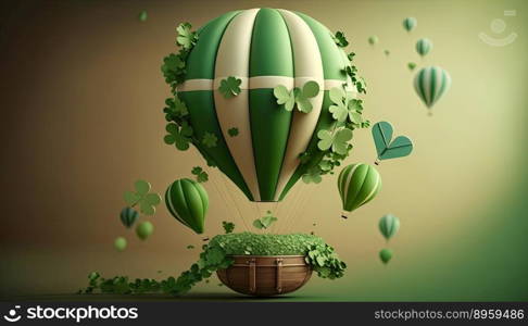 Green air balloon flying air transport illustration on a colored background. Decorated for St. patricks day. Generative AI