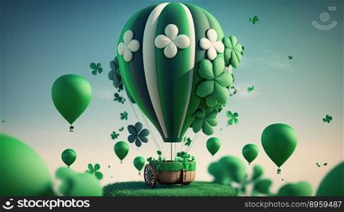 Green air balloon flying air transport illustration on a colored background. Decorated for St. patricks day. Generative AI