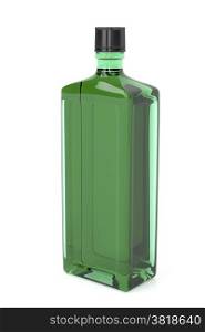Green alcohol bottle on shiny white background