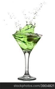 Green alcohol cocktail with splash isolated on white