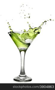 Green alcohol cocktail with splash isolated on white