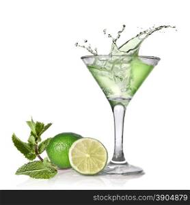 Green alcohol cocktail with splash, lime and mint isolated on white