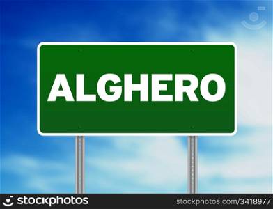 Green Alghero, Italy road sign on Cloud Background.