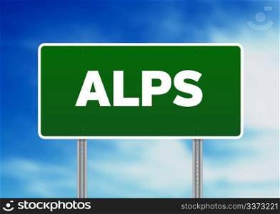 Green Alps highway sign on Cloud Background.