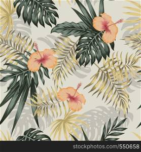 Green and golden tropical palm banana leaves, orange hibiscus flowers seamless vector pattern on the beige background