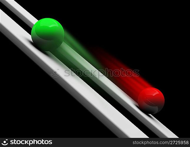 Green and red balls rolling upwards and downwards 3d render