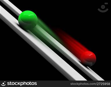 Green and red balls rolling upwards and downwards 3d render