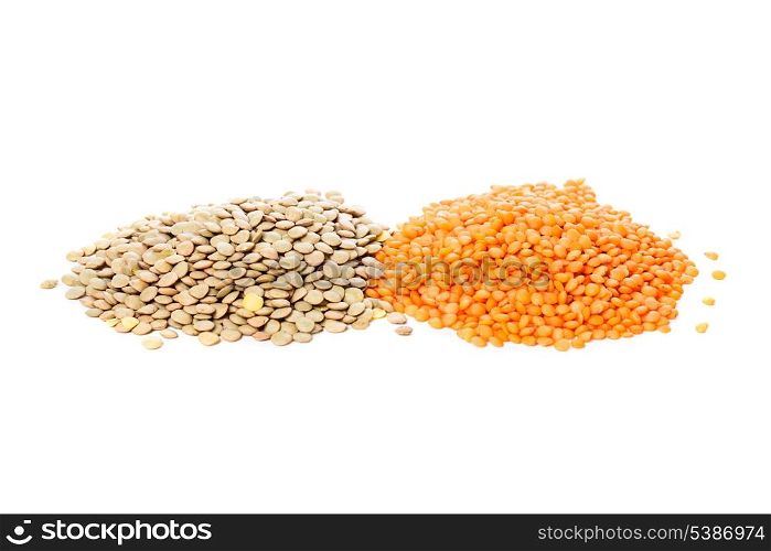 green and red lentils heap isolated on white background