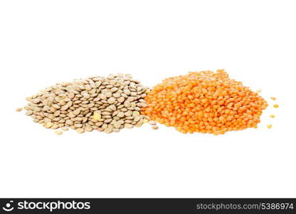 green and red lentils heap isolated on white background