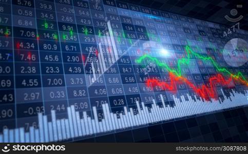 Green and red moving graphs and different financial charts and columns on the background of a dynamic stock market board. 3d render