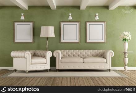 Green and white classic living room. Green and white classic living room with elegant sofa and armchair - 3d rendering