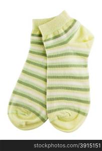 Green and white striped socks isolated on white background. Green and white striped socks