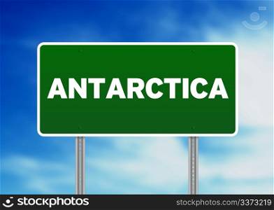 Green Antarctica highway sign on Cloud Background.