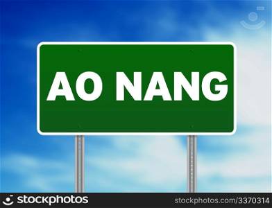 Green Ao Nang, Thailand road sign on Cloud Background.