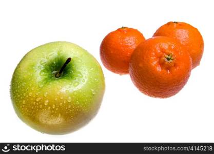Green Apple and tangerines on white background