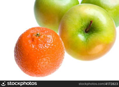 Green Apple and tangerines on white background