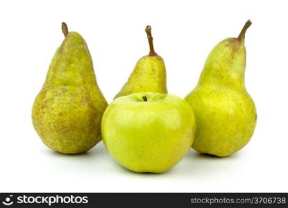 Green apple and three green pears isolated on the white background