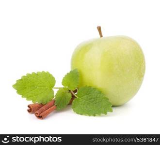 Green apple, cinnamon sticks and mint leaves still life isolated on white cutout.