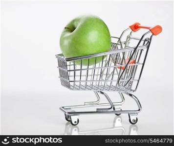 green apple in shopping carts on white background