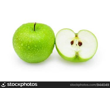 green apple with Drop of water on white background.