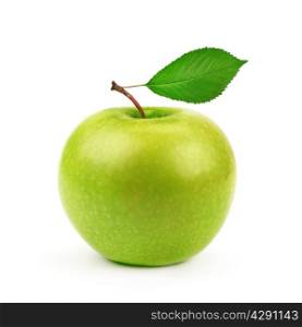 Green apple with leaf isolated on a white background