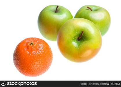 Green Apples and tangerine on white background