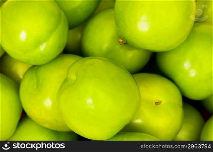 Green apples arranged on the market stand