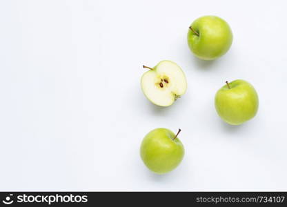 Green apples on white background. Copy space