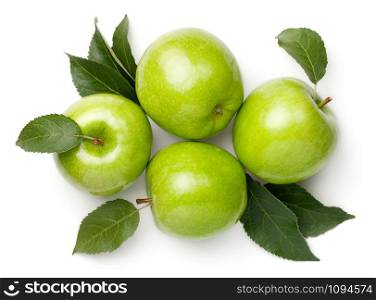 Green apples with leaves isolated on white background. Fresh granny smith apple. Top view, flat lay