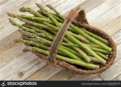 green asparagus in wicker basket on grunge white painted wood background