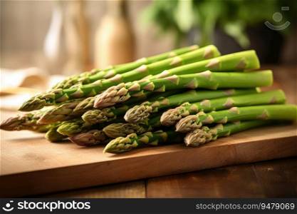Green asparagus on a wooden cutting board. Generative AI