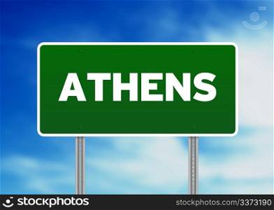 Green Athens highway sign on Cloud Background.